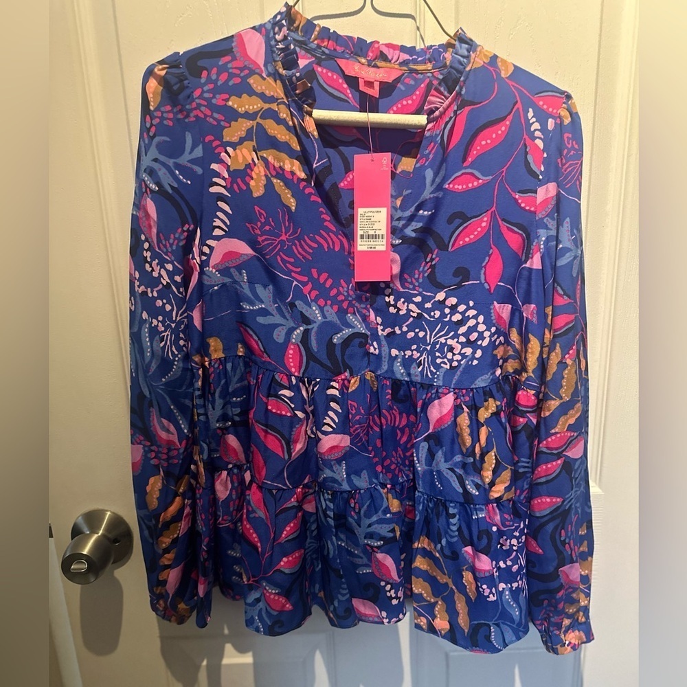 Lilly Pulitzer $198 Sarita Silk Top,  Absolute Purrfection, Size 0 NWT BOHO